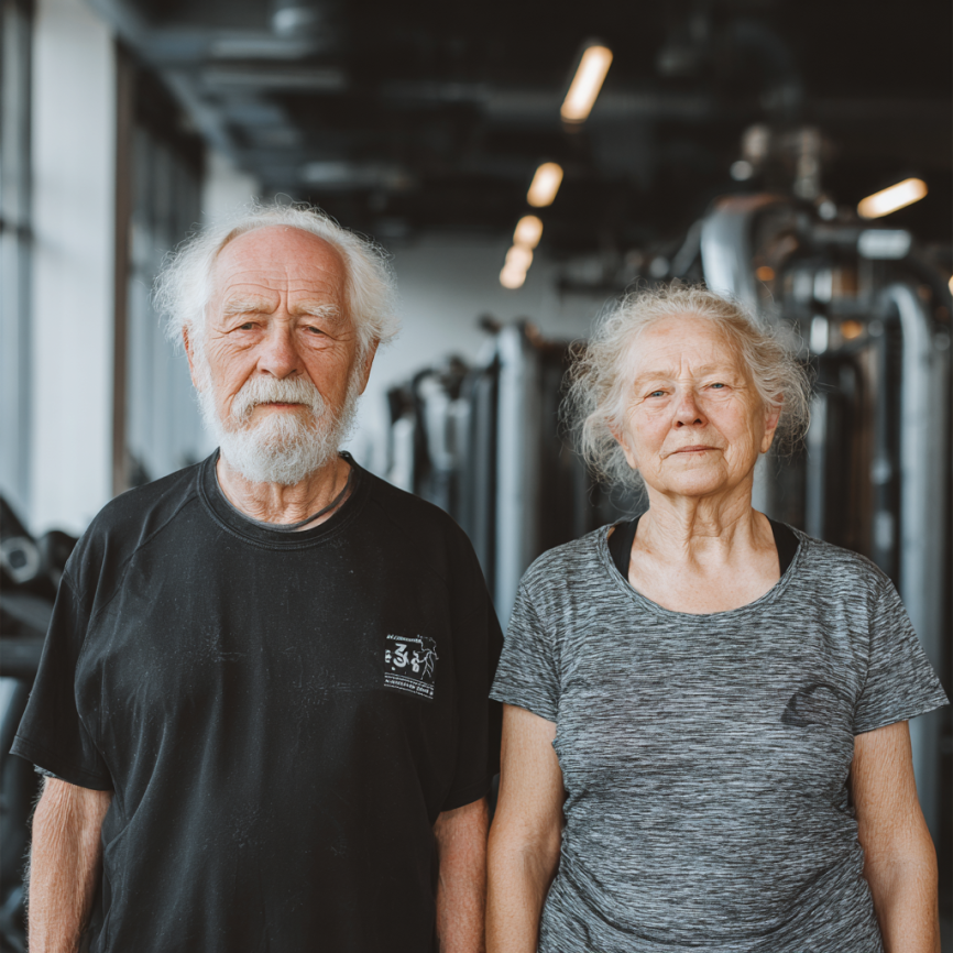 Группа людей старшего возраста занимается йогой